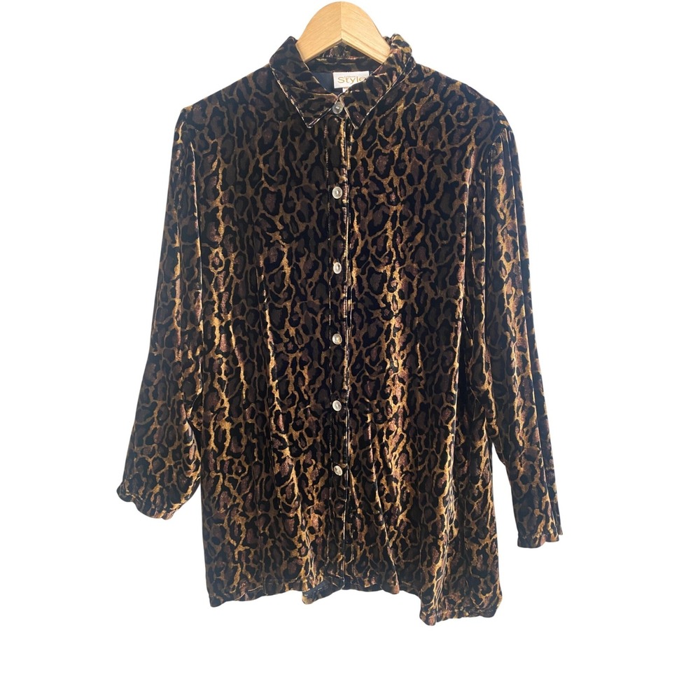 California Style Button‎ Down Shirt Womens Large Leopard Silk Blend Velvet Brown